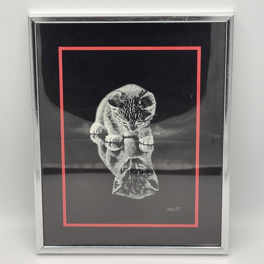 Vintage 1978 Droguett Kitten & Reflection Black & White Framed Print 8.5 x 10.5